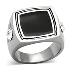 Men's stainless steel crystal jewelry ring with black stone and two clear crystals for elegant style