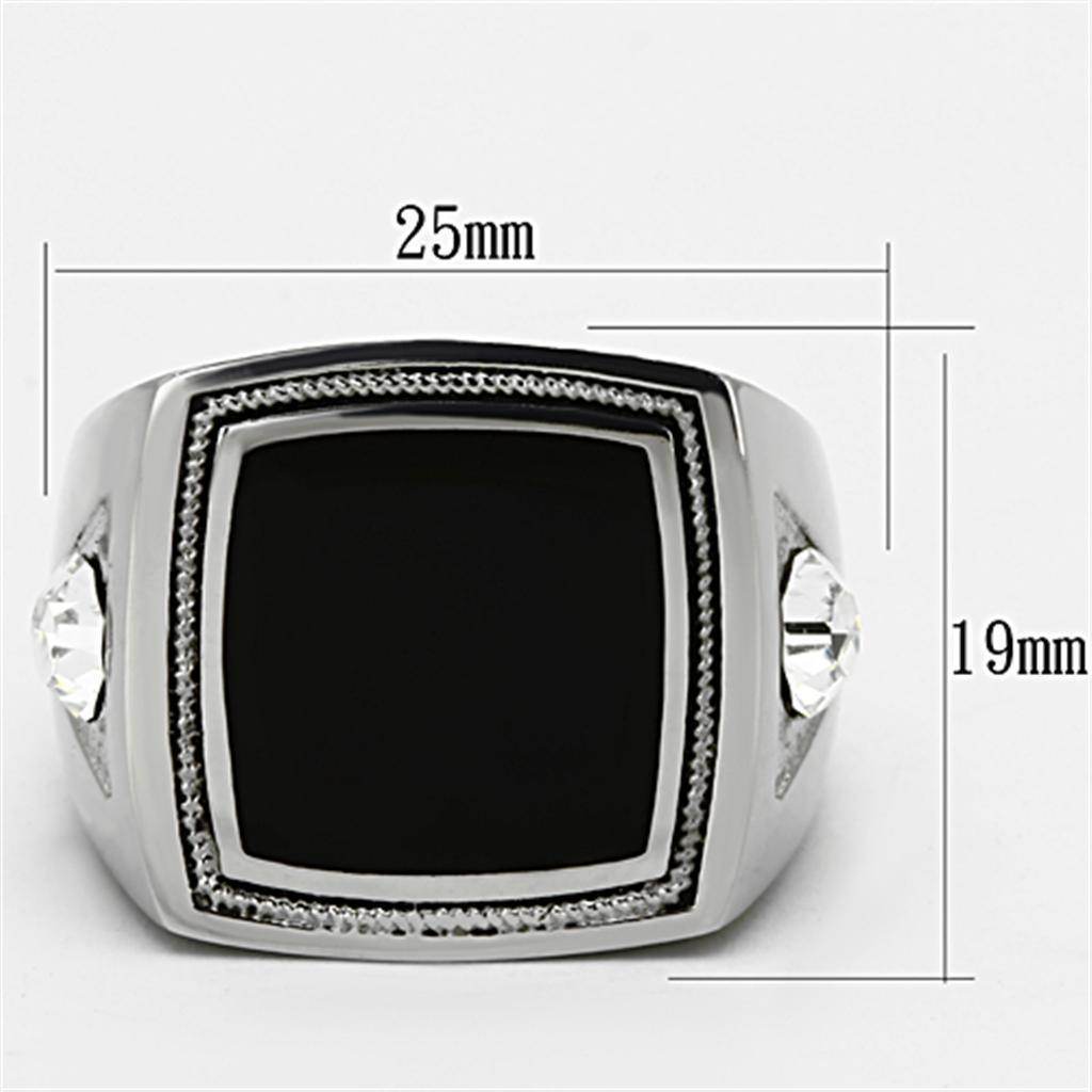 Stylish stainless steel crystal jewelry ring featuring a black stone and detailed accents