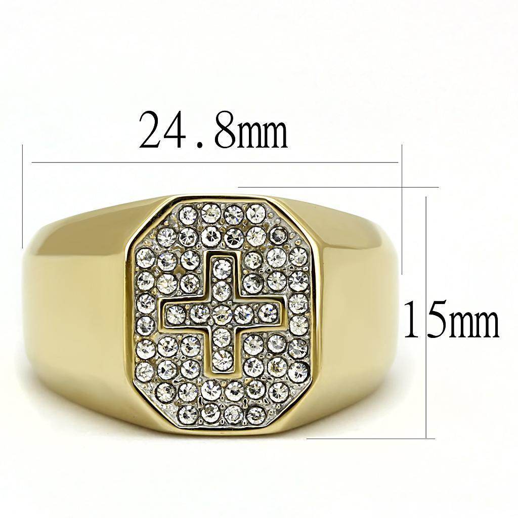Men's stainless steel crystal jewelry ring with a cross design and diamond-like embellishments