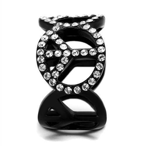 Stainless steel crystal jewelry ring featuring a unique black design with sparkling crystals