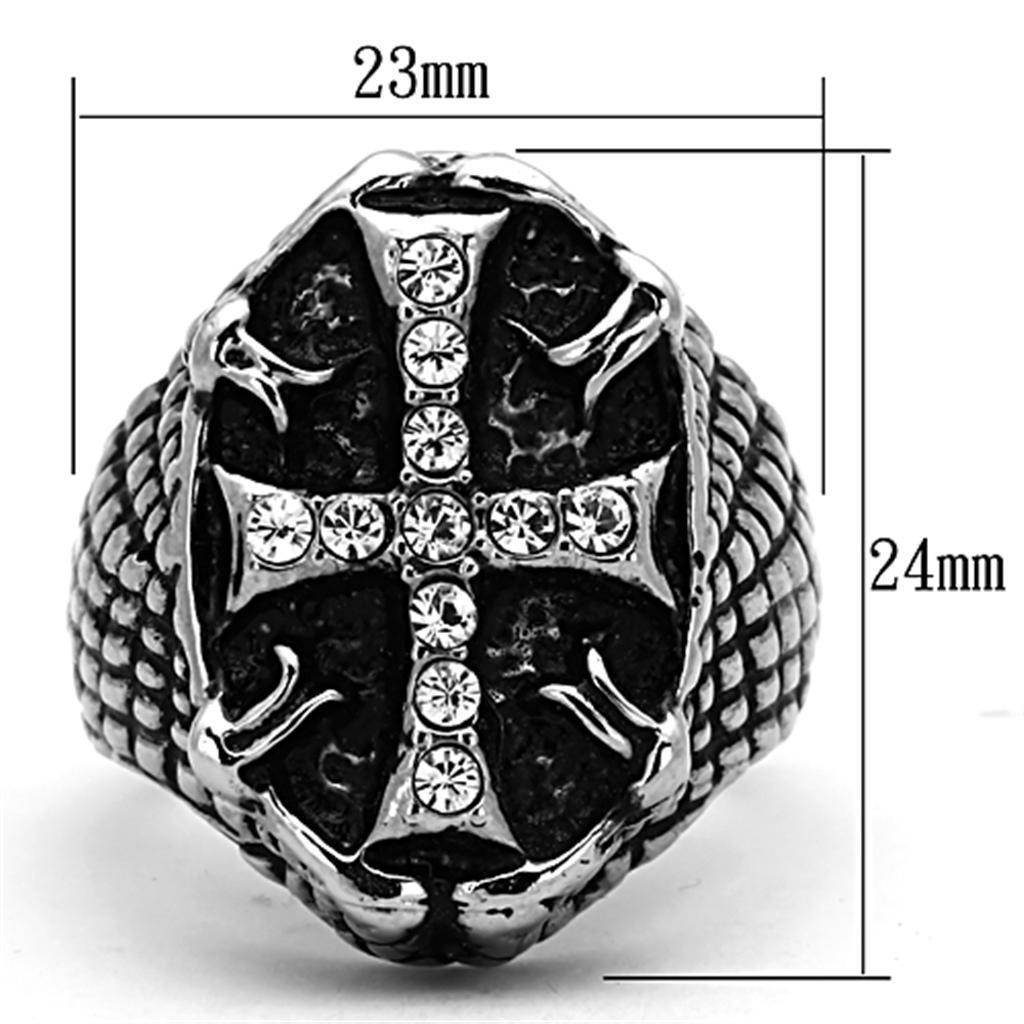 Men's stainless steel crystal jewelry ring featuring a bold cross design with claw accents