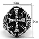 Men's stainless steel crystal jewelry ring featuring a bold cross design with claw accents
