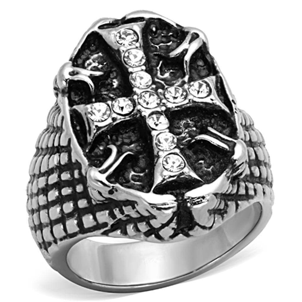 Men's stainless steel crystal jewelry ring featuring a black cross design with sparkling crystals