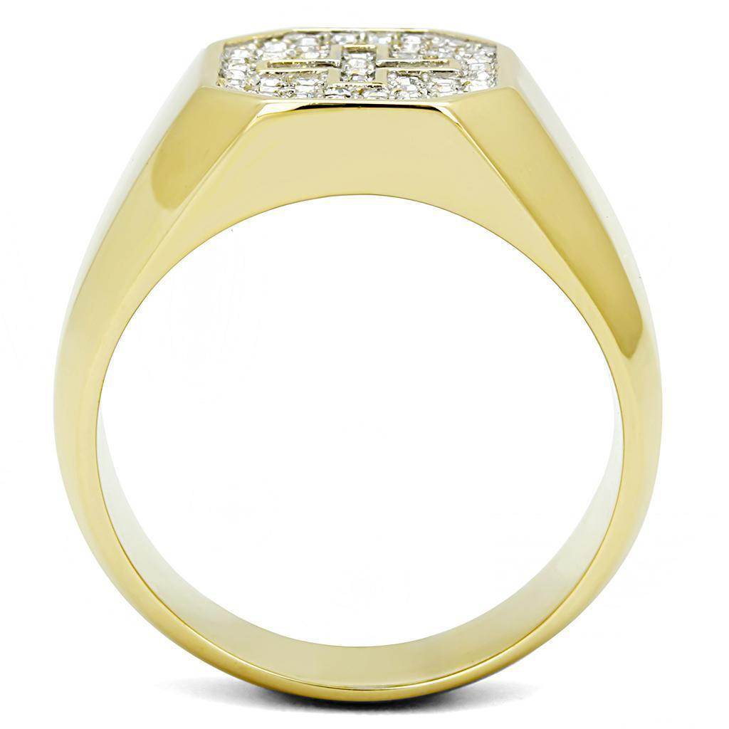 Men's gold stainless steel crystal jewelry ring featuring a sparkling design and modern style