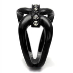Stylish stainless steel crystal jewelry ring with a unique black design and sparkling stones