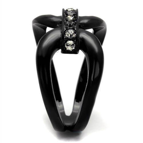 Stylish stainless steel crystal jewelry ring with a unique black design and sparkling stones