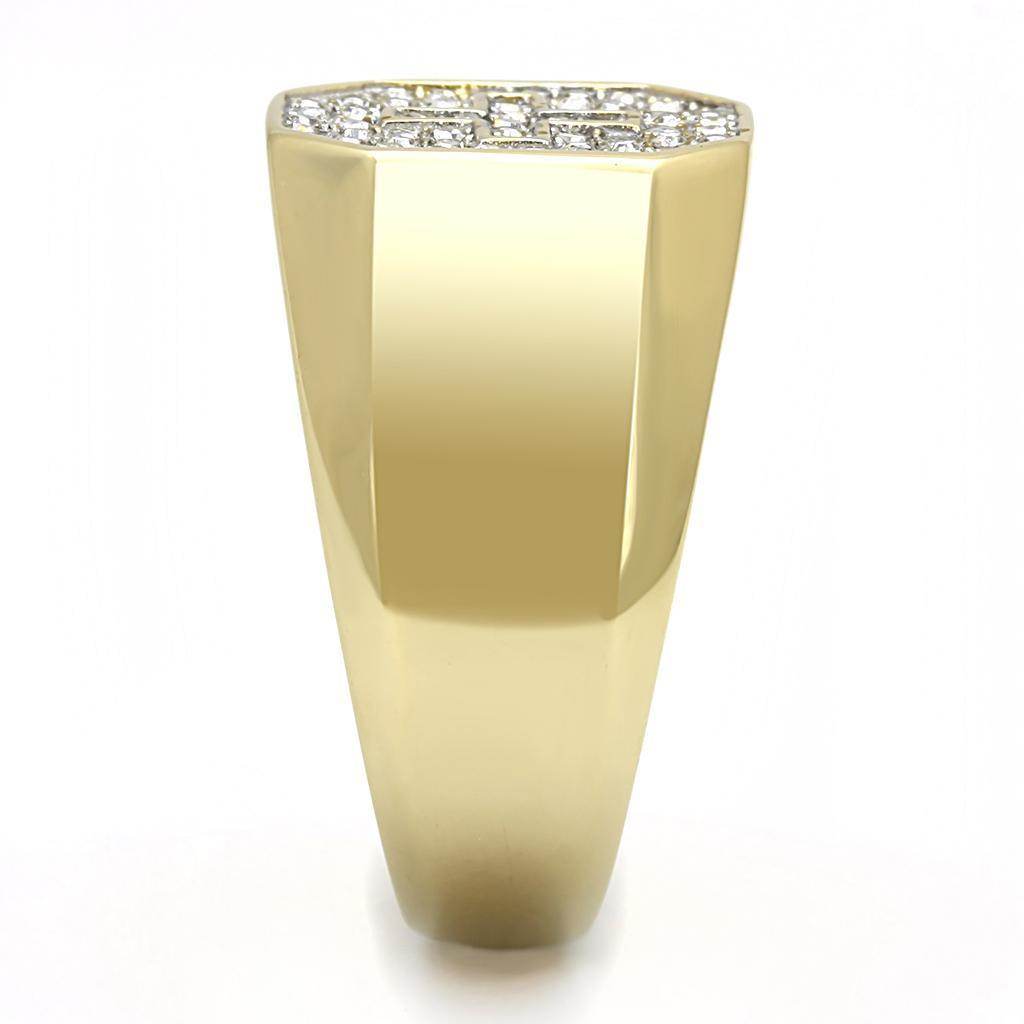Men's stainless steel crystal jewelry ring in a modern hexagonal design with sparkling details