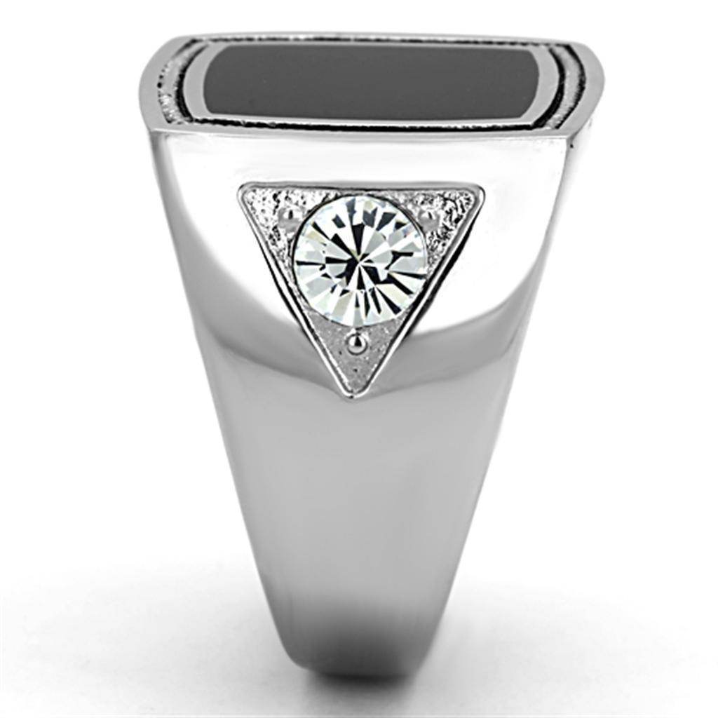 Men's stainless steel crystal jewelry ring with black stone and triangular crystal detail