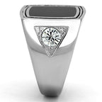 Men's stainless steel crystal jewelry ring with black stone and triangular crystal detail