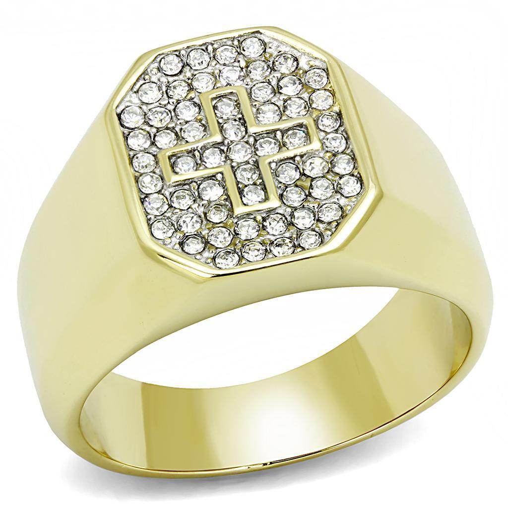 Men's gold stainless steel crystal jewelry ring featuring a cross design with sparkling stones