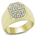 Men's gold stainless steel crystal jewelry ring featuring a cross design with sparkling stones