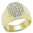 Men's gold stainless steel crystal jewelry ring featuring a cross design with sparkling stones