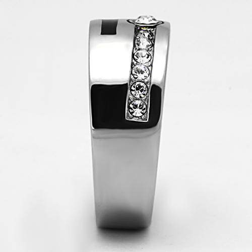 Stainless steel crystal ring with a sleek design featuring sparkling crystals along one side