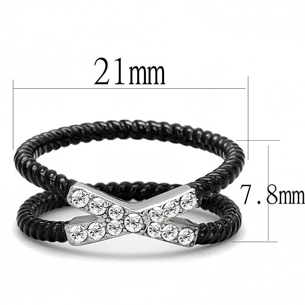 VacationGrabs stainless steel crystal ring featuring a twisted black band with sparkling crystals