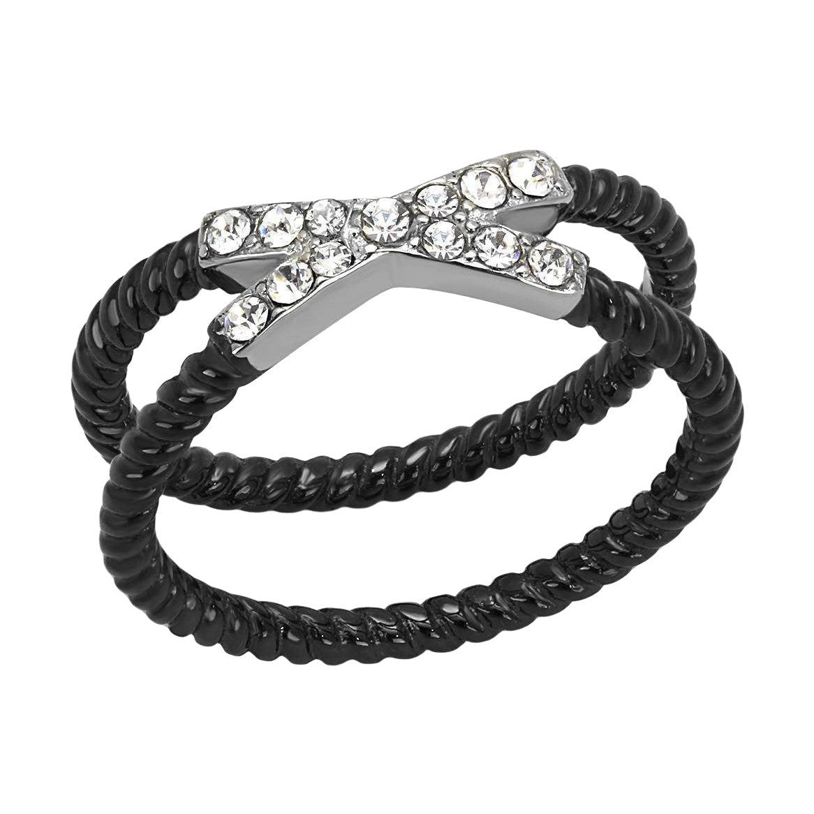 Stylish stainless steel crystal ring with twisted band and sparkling crystals for women
