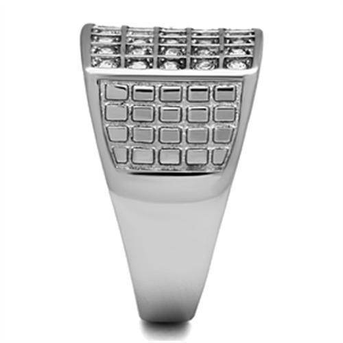 Stainless steel crystal ring with a modern design featuring a grid pattern of sparkling stones