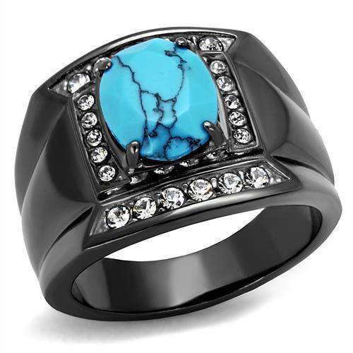 VacationGrabs stainless steel crystal ring for men featuring a turquoise stone and surrounded by crystals