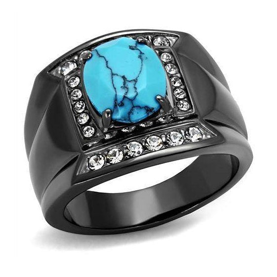 VacationGrabs stainless steel crystal ring for men featuring a turquoise stone and surrounded by crystals