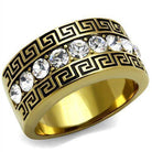 Stainless steel crystal ring with gold finish and intricate Greek key design for stylish men