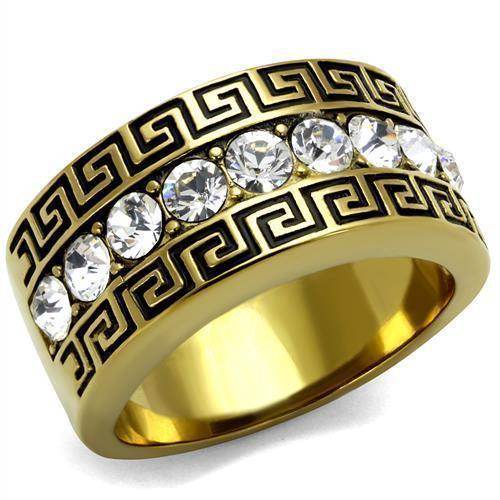 Stainless steel crystal ring with gold finish and intricate Greek key design for stylish men