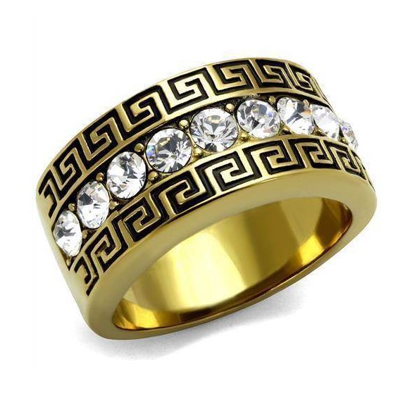 Stainless steel crystal ring with gold finish and intricate Greek key design for stylish men