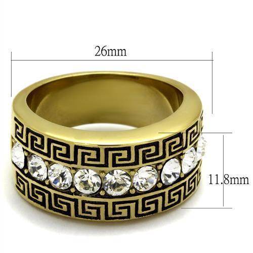 Gold stainless steel crystal ring with geometric design and sparkling stones for men's jewelry