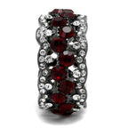 Stainless steel crystal ring with red and clear stones in a stylish wave design
