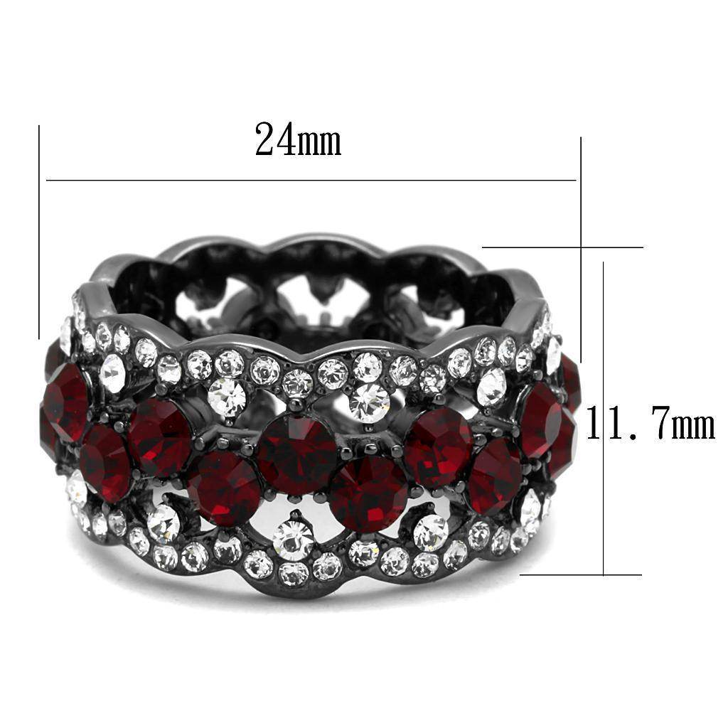 Stainless steel crystal ring featuring red and clear crystals with a scalloped design, 24mm wide