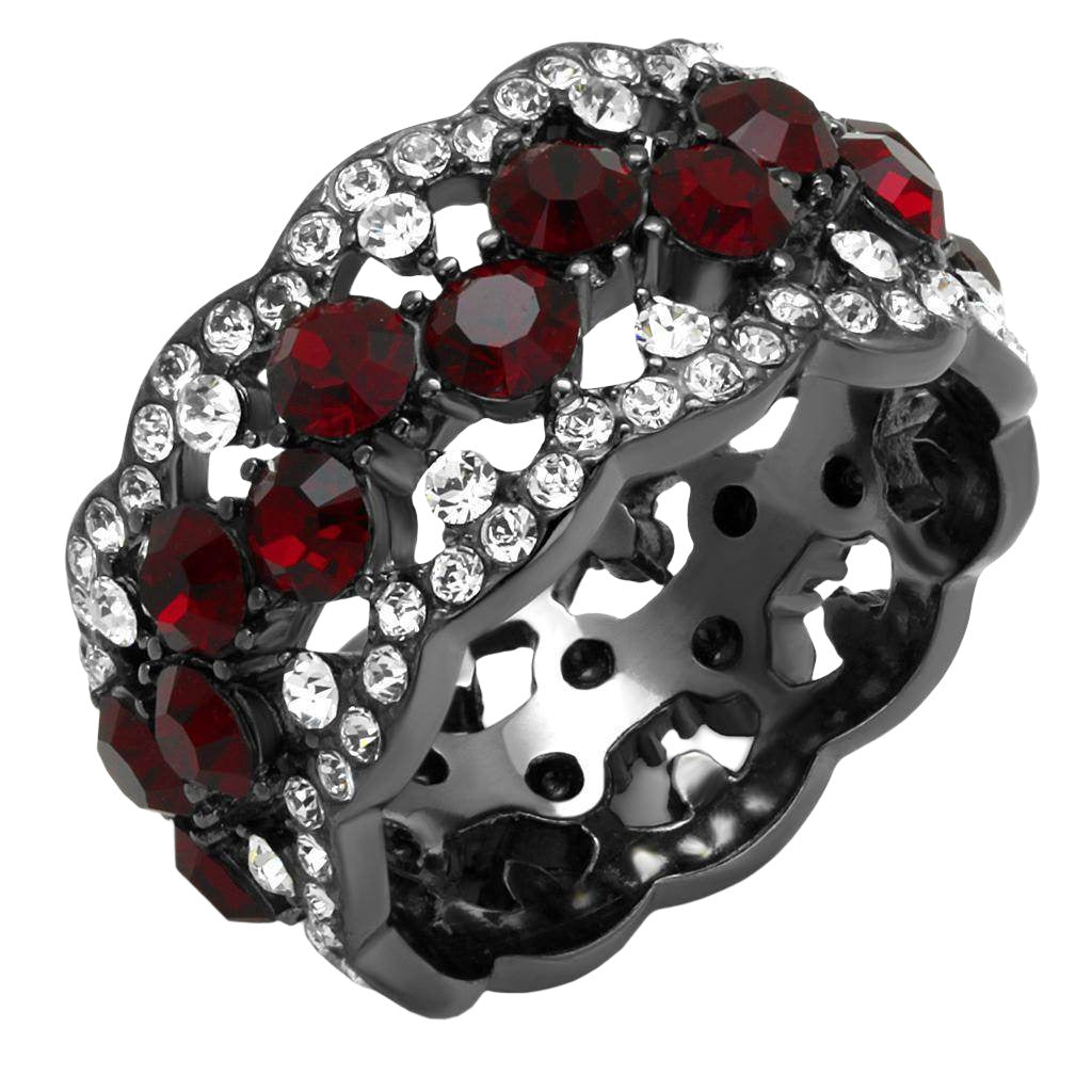 Stainless steel crystal ring featuring red and clear gems for an elegant look