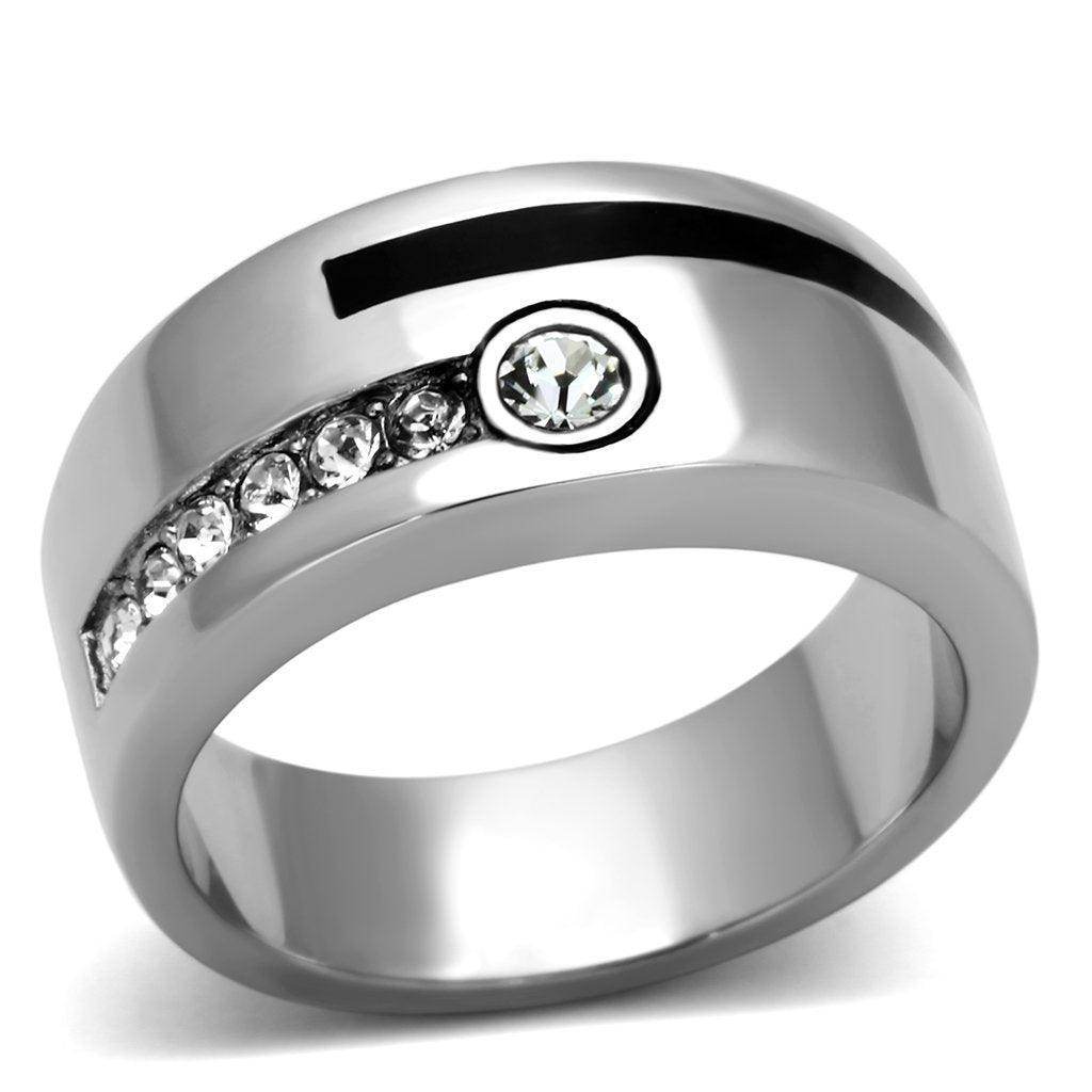 Stylish stainless steel crystal ring featuring a sleek design and sparkling stones for men