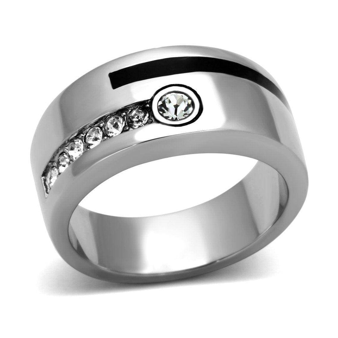 Stylish stainless steel crystal ring featuring a sleek design and sparkling stones for men