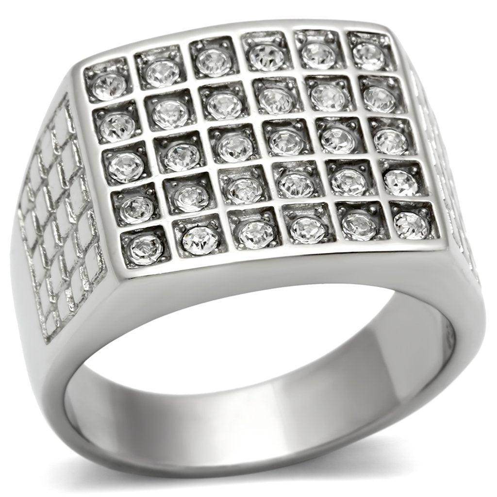 Stylish stainless steel crystal ring with a grid of shimmering crystals for men