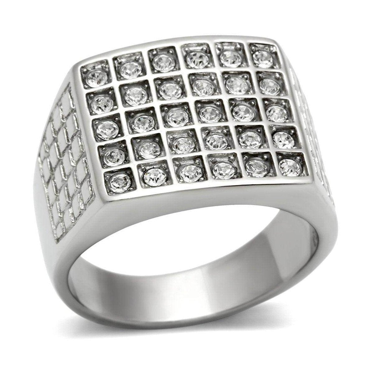 Stylish stainless steel crystal ring with a grid of shimmering crystals for men