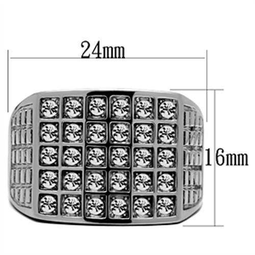 Stainless steel crystal ring featuring a bold geometric design with multiple sparkling crystals