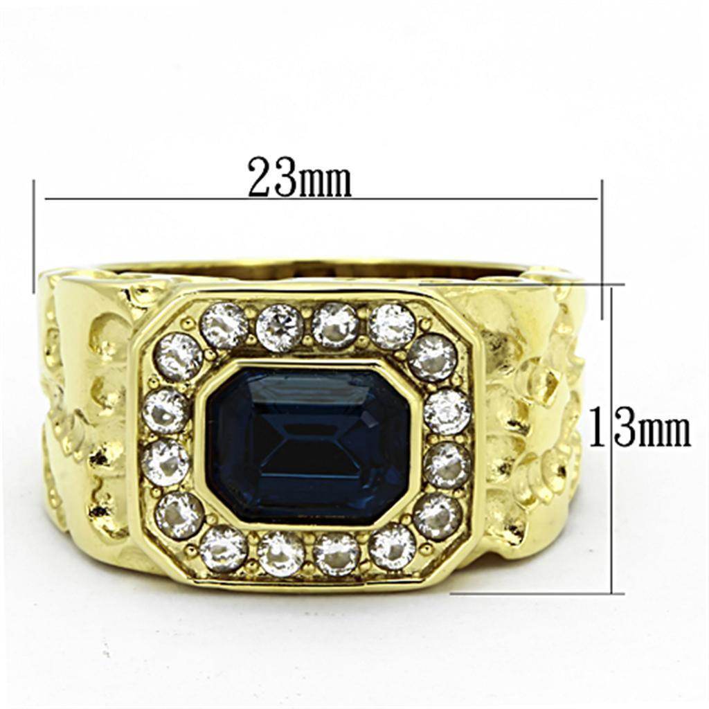 Gold stainless steel crystal rings featuring a central blue stone surrounded by sparkling crystals