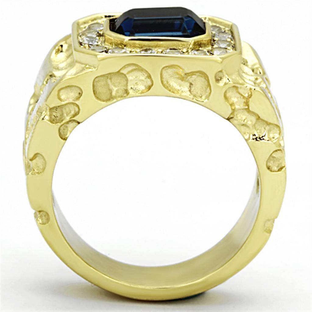 Men's stainless steel crystal rings featuring a unique gold design and a blue gemstone centerpiece