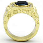 Men's stainless steel crystal rings featuring a unique gold design and a blue gemstone centerpiece