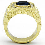Men's stainless steel crystal rings featuring a unique gold design and a blue gemstone centerpiece
