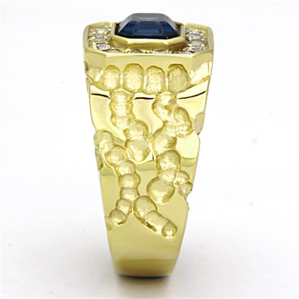 Men's stainless steel crystal rings featuring a unique gold design with blue stone centerpiece