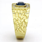 Men's stainless steel crystal rings featuring a unique gold design with blue stone centerpiece