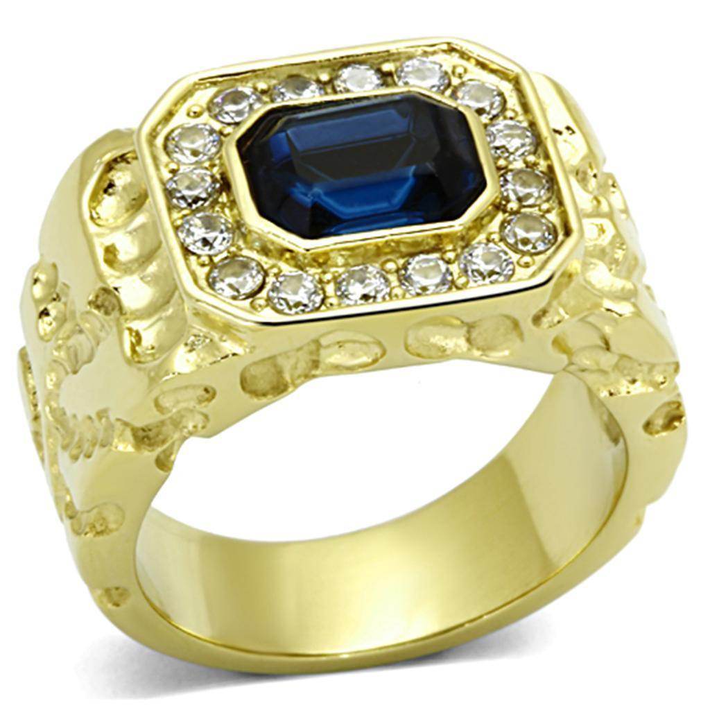 Men's stainless steel crystal rings featuring a bold golden design with a blue gemstone centerpiece