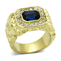 Men's stainless steel crystal rings featuring a bold golden design with a blue gemstone centerpiece