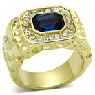 Men's stainless steel crystal rings featuring a bold golden design with a blue gemstone centerpiece