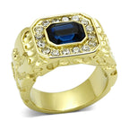 Men's stainless steel crystal rings featuring a bold golden design with a blue gemstone centerpiece