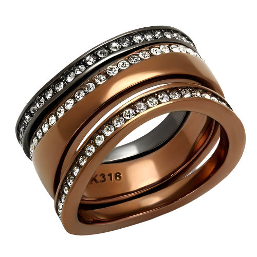 Set of stainless steel crystal rings with sleek design and sparkling accents for stylish women