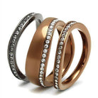 Three elegant stainless steel crystal rings in different finishes, perfect for everyday wear