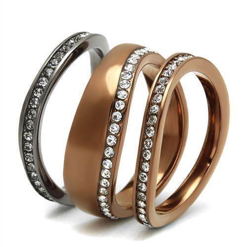 Three elegant stainless steel crystal rings in different finishes, perfect for everyday wear
