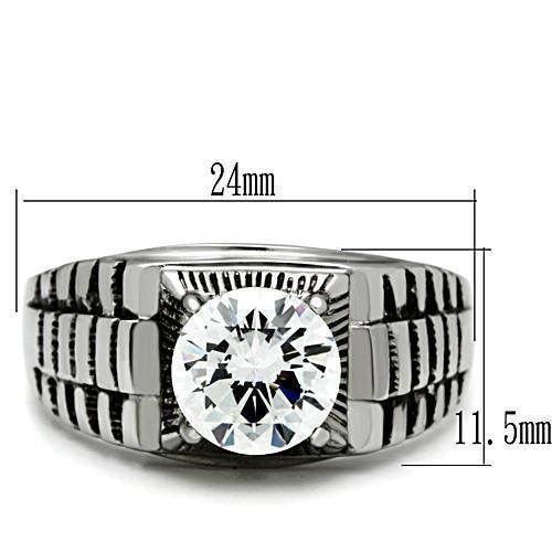 Men's stainless steel cubic ring featuring a large crystal and detailed band design