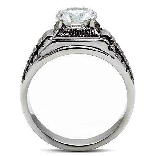 Stainless steel cubic ring with a large clear gemstone and intricate band details for modern style