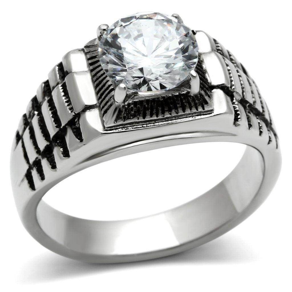 Men's stainless steel cubic ring with a large center stone and textured band for a bold look